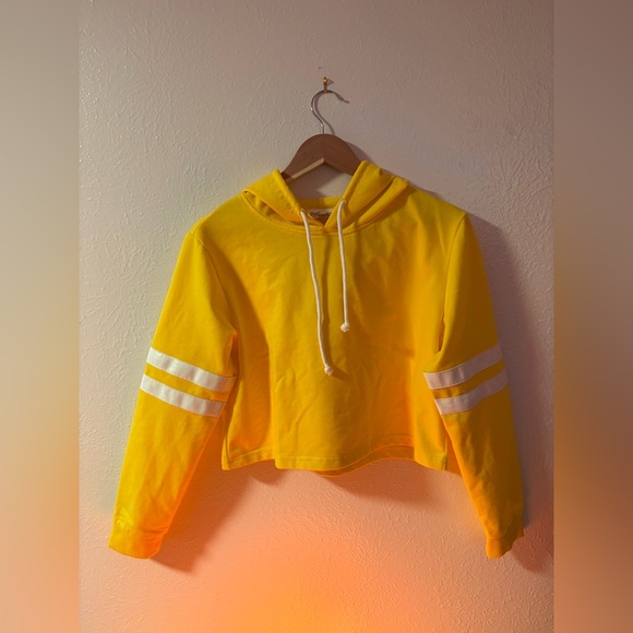 Yellow Cropped Hoodie with White Stripes - Picture 3 of 10